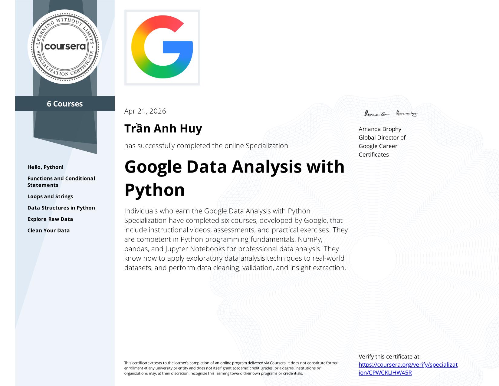 Certificate Google Data Analysis