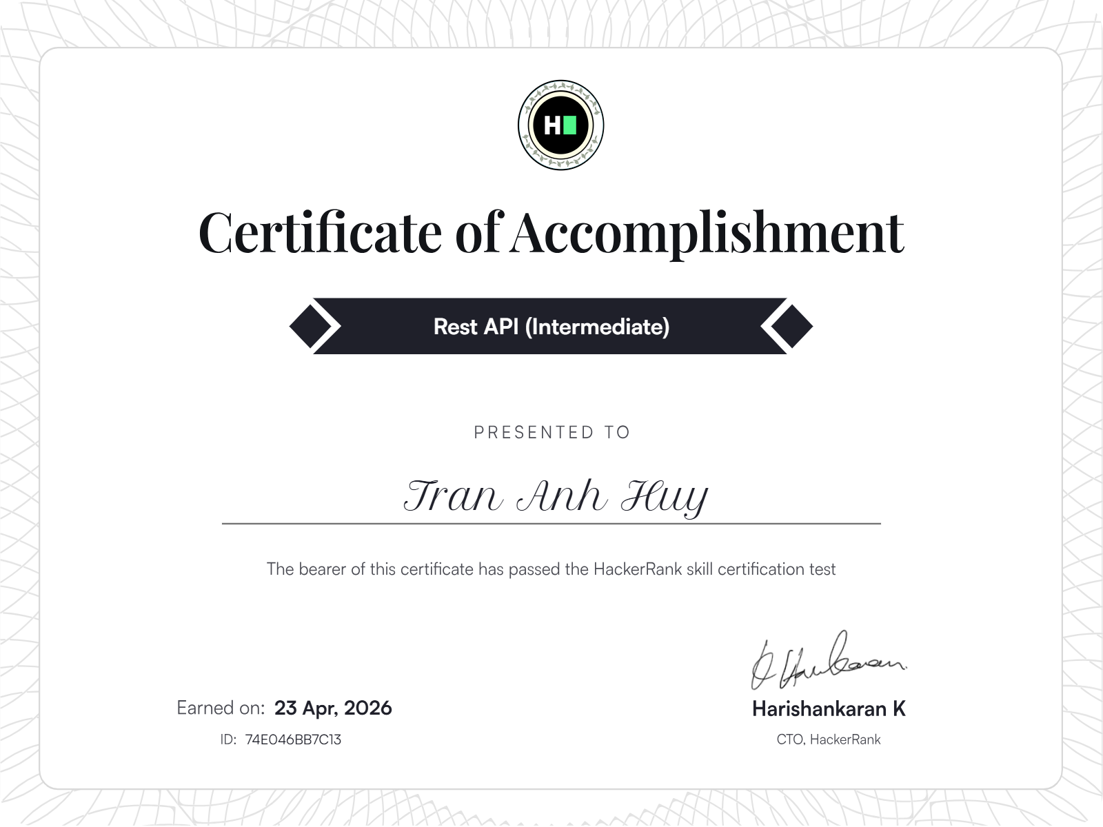 Certificate HackerRank Rest API